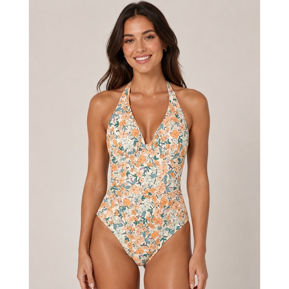 Cupshe Floral One Piece Swimsuit Orange Blue Green Padded V-Neck Medium
